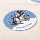 Skiing Snowman in Wooly Pet Cartoon Ronde Kartonnen Onderzetter (Gebogen)