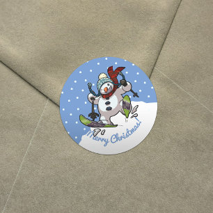 Skiing Snowman in Wooly Pet Cartoon Ronde Sticker
