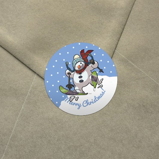 Skiing Snowman in Wooly Pet Cartoon Ronde Sticker