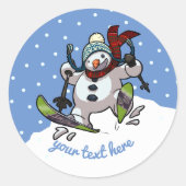 Skiing Snowman in Wooly Pet Cartoon Ronde Sticker (Voorkant)