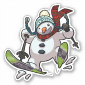 Skiing Snowman in Wooly Pet Cartoon Sticker (Voorkant)