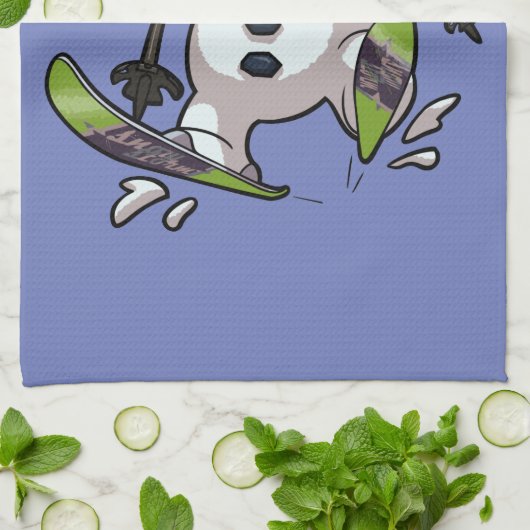 Skiing Snowman in Wooly Pet Cartoon Theedoek (Gevouwen)