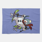 Skiing Snowman in Wooly Pet Cartoon Theedoek (Horizontaal)