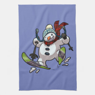 Skiing Snowman in Wooly Pet Cartoon Theedoek