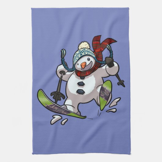 Skiing Snowman in Wooly Pet Cartoon Theedoek (Verticaal)