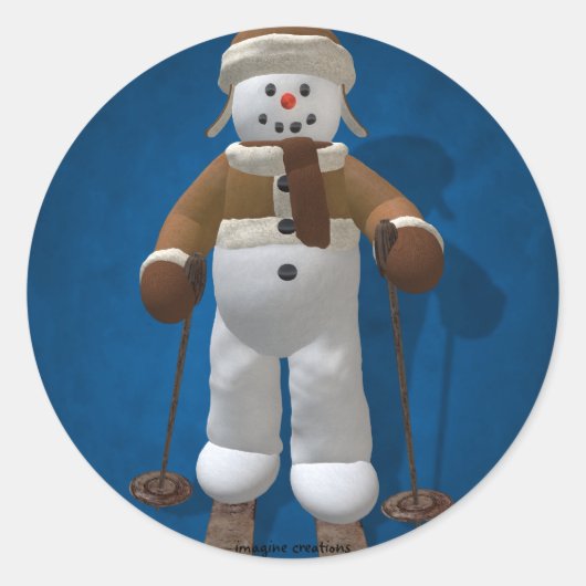Skiing  Snowman Ronde Sticker (Voorkant)
