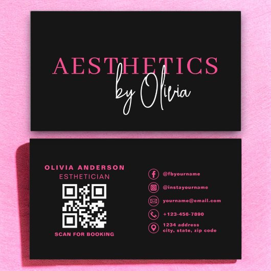 Skincare Esthetician QR Code Hot Pink Black Visitekaartje