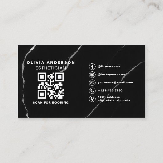 Skincare Esthetician QR Code Zilver Zwart Marmer Visitekaartje (Achterkant)