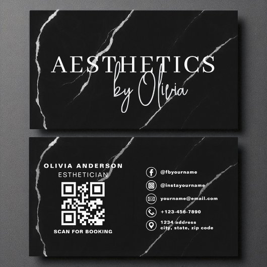 Skincare Esthetician QR Code Zilver Zwart Marmer Visitekaartje
