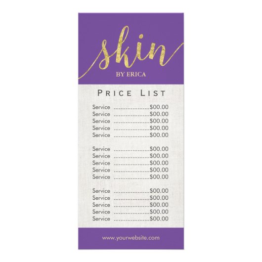 Skincare Salon Spa Estheticiaans Paarse prijslijst Reclamekaart (Voorkant)