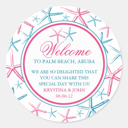 Skinny Finger Starfish Bruiloft Welkom Ronde Sticker (Voorkant)