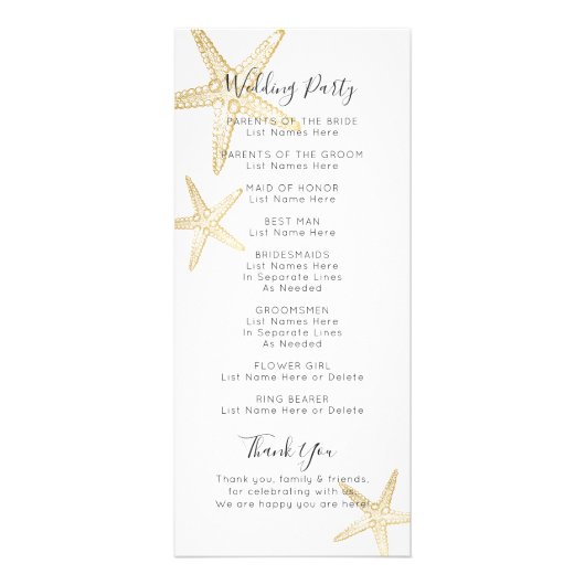 Skinny Gold Starfish Wedding Programme Reclamekaart (Achterkant)