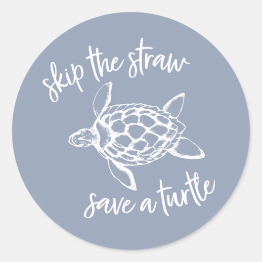 Skip the Straw Save a Turtle Dusty Blue Ronde Sticker (Voorkant)
