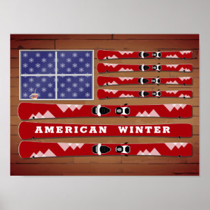 Skis and Snowflakes USA Vlag met houtmuur Poster