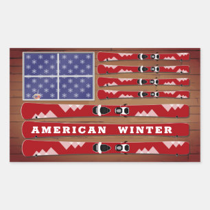 Skis and Snowflakes USA Vlag met houtmuur Rechthoekige Sticker