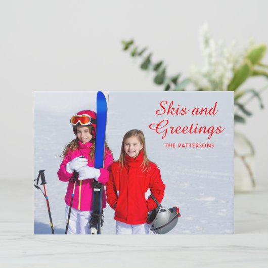 Skis en Greetings Foto gepersonaliseerd | Kerstmis (Staand voorkant)