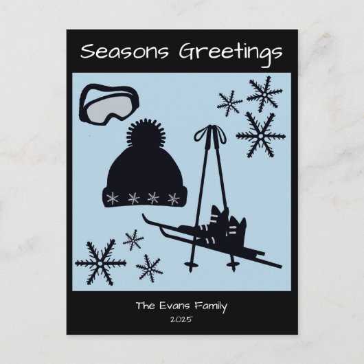 Skis, hat, goggles & snowflakes holiday briefkaart (Voorkant)