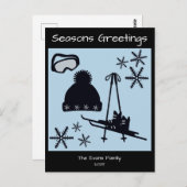 Skis, hat, goggles & snowflakes holiday briefkaart (Voorkant / Achterkant)