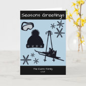 Skis, hat, goggles & snowflakes holiday kaart (Gele Bloem)