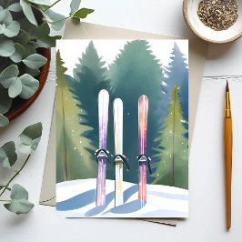 Skis in de Sneeuw | Winter Bos Skiloper Waterverf Briefkaart