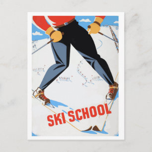Skischool, man op ski, vintage reisansichtkaart briefkaart