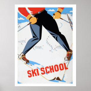Skischool, man op ski, vintage reisposter poster