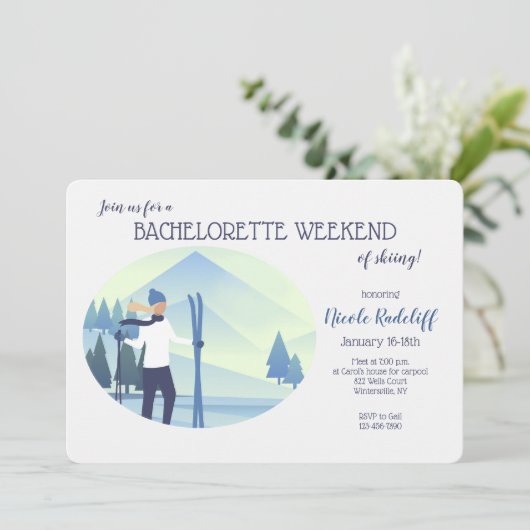 Skithema vrijgezellenfeest kaart (Staand voorkant)