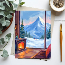 Skiuitstap | Waterverf Winter Berg Lodge Briefkaart