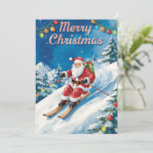 Skivakantie met de Kerstman op de berg Feestdagenkaart (Staand voorkant)