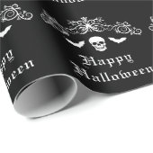 Skull and Bats Silhouette Happy Halloween Zwart Cadeaupapier (Rol Hoek)