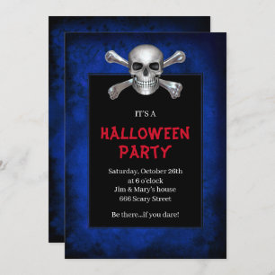 Skull and Crossbones Blue Grunge Halloween Party Kaart
