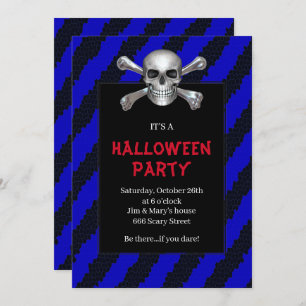 Skull and Crossbones Blue Stripe Halloween Party Kaart