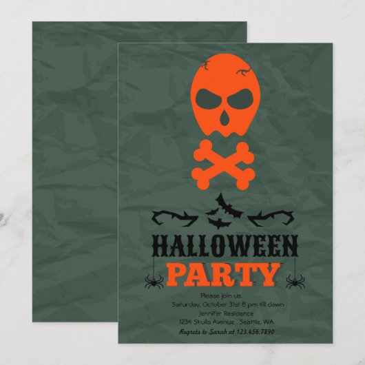 Skull and Crossbones Halloween Party Invitation Kaart (Voorkant / Achterkant)
