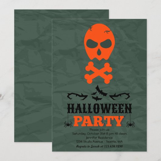Skull and Crossbones Halloween Party Invitation Kaart (Voorkant / Achterkant)