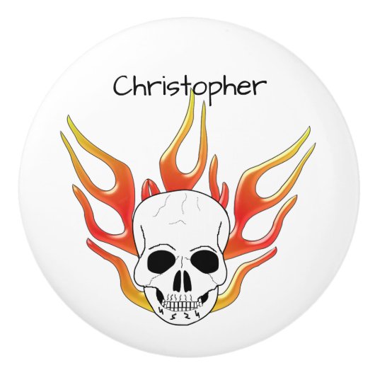Skull And Flames Design Personalised Keramische Knop (Voorkant)