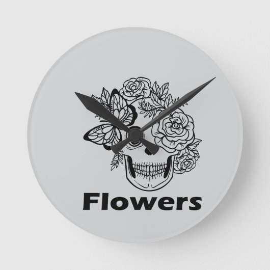 Skull and Flowers black and white Ronde Klok (Voorkant)