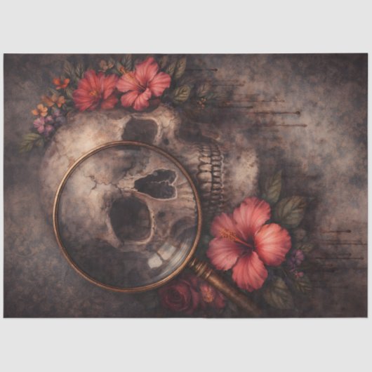 Skull and Flowers | Gothic Magnifying Glass Art Tissuepapier (Voorkant)