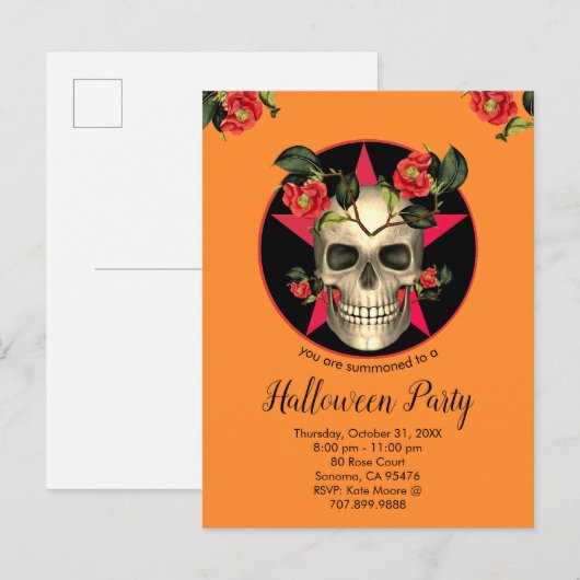 Skull and Flowers Halloween Party Uitnodiging Briefkaart (Voorkant / Achterkant)