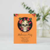 Skull and Flowers Halloween Party Uitnodiging Briefkaart (Staand voorkant)