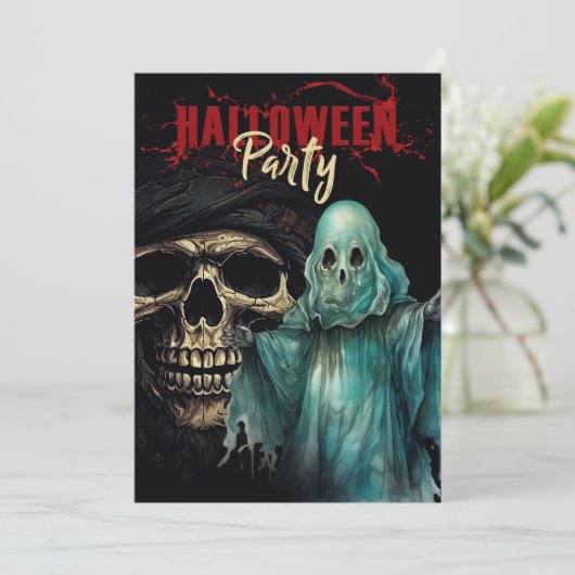 Skull and Ghost Mystic Halloween Party Uitnodiging (Staand voorkant)