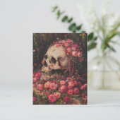 Skull and Pink Flowers Briefkaart (Staand voorkant)