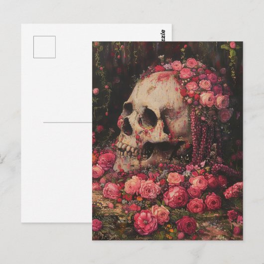 Skull and Pink Flowers Briefkaart (Voorkant / Achterkant)