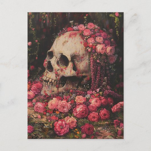 Skull and Pink Flowers Briefkaart (Voorkant)
