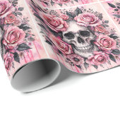Skull and Pink Roses Gothic Art Cadeaupapier (Rol Hoek)