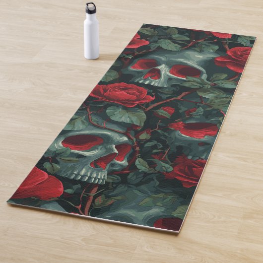 Skull and Red Roses Pattern – Dark Floral Design Yogamat (In situ)