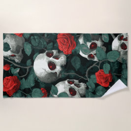 Skull and Red Roses Pattern – Dark Gothic Art Strandlaken