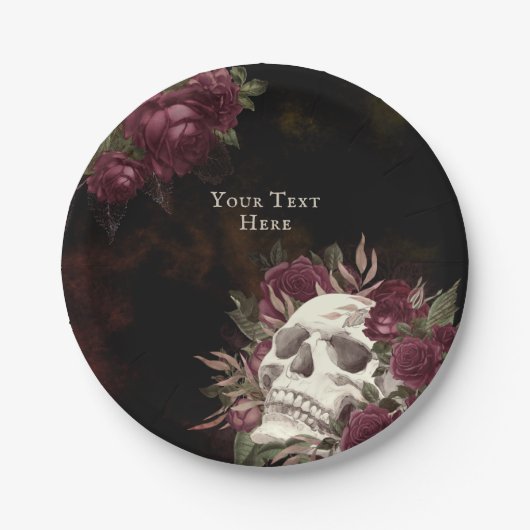 Skull and Rozen Burgundy Black Grunge Personalized Papieren Bordje (Voorkant)