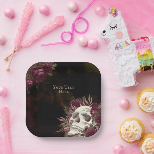 Skull and Rozen Burgundy Black Grunge Personalized Papieren Bordje (Feest)