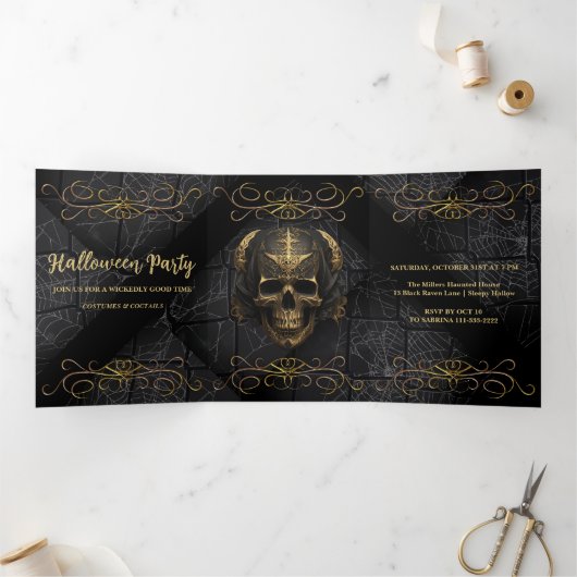 Skull and Spider Web Uitnodiging voor Halloween Pa (Binnen)