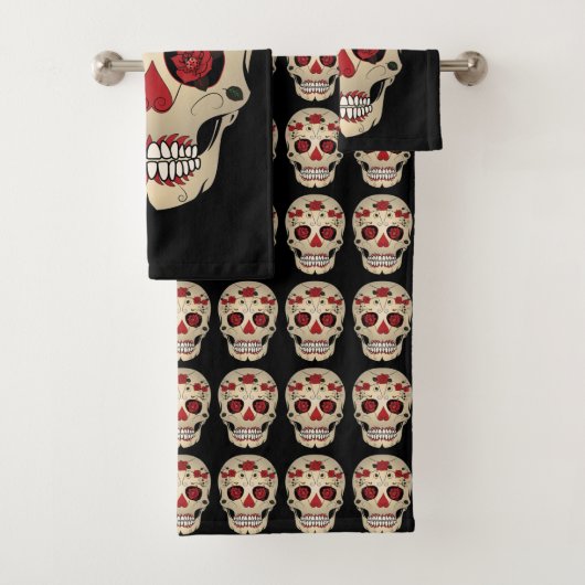 Skull Bathroom Towel Set - Skull en Roos Art Bad Handdoek (Insitu)